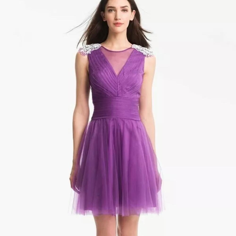 KATHY HILTON Raspberry Fit & Flare Mesh Dress Beads Embellished Shoulder Size 10